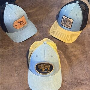 Blue and Tan Trucker Hats with Patches